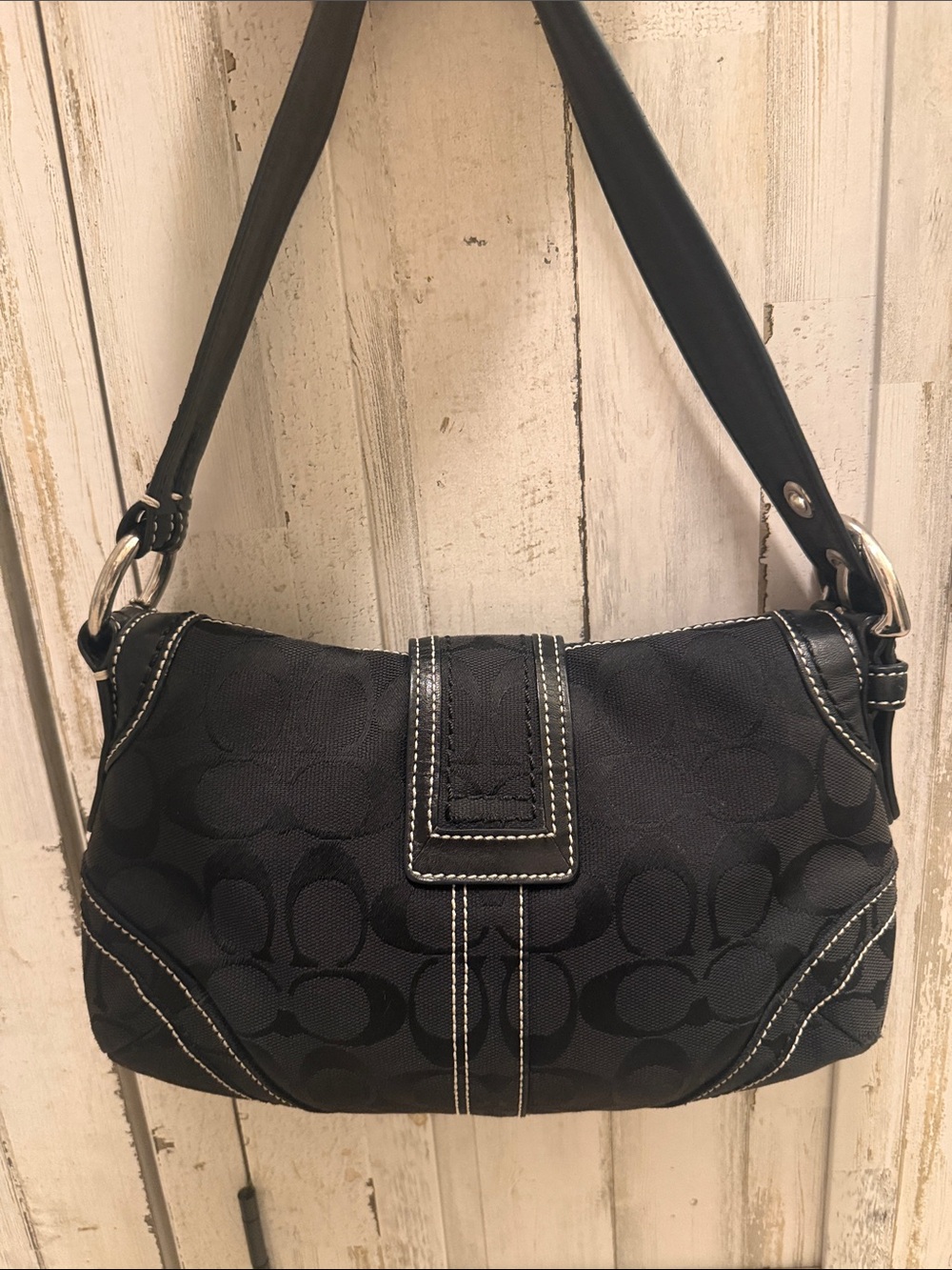 Vintage Coach Black Signature Monogram Mini SoHo Flap Shoulder Bag - Picture 4 of 11